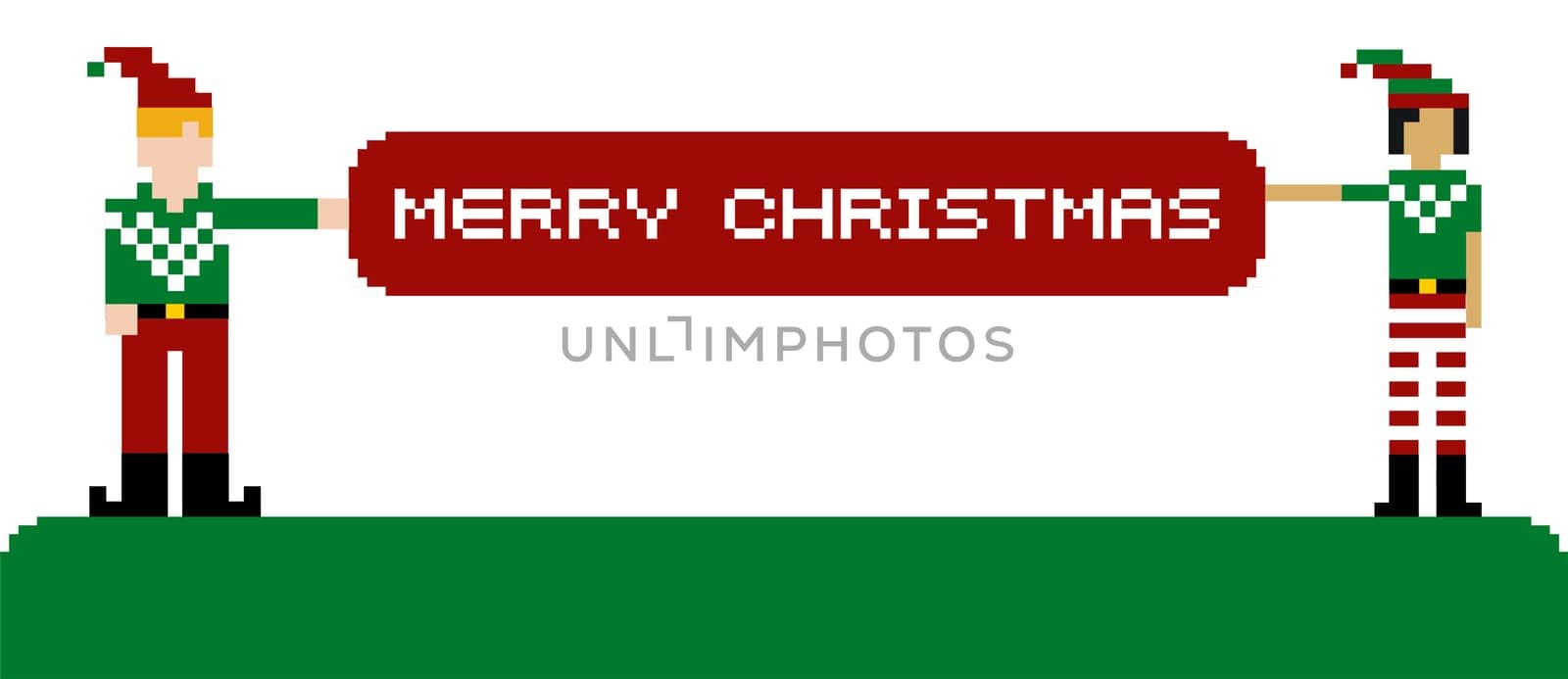 Two funny pixeled elves holding a Merry Xmas banner