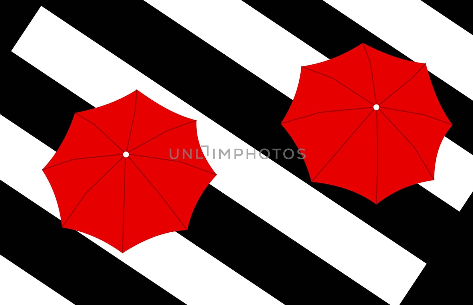 view from above of two red umbrellas on diagonal crosswalk