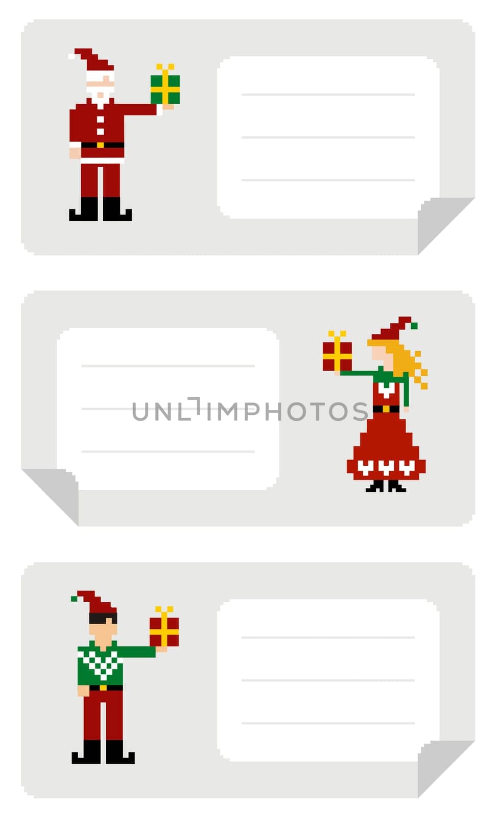 Christmas stikers with different funny pixeled elf holding a gift.