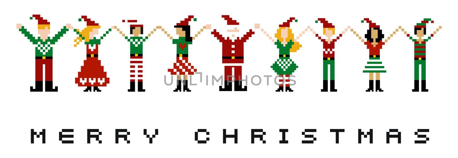 A group of pixeled xmas characters celebrating Christmas.