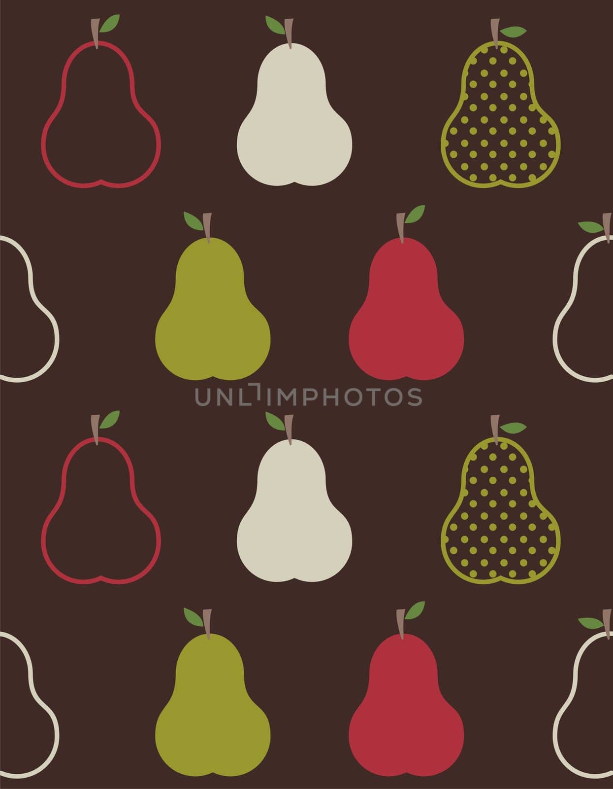Retro colorful pears pattern on brown background