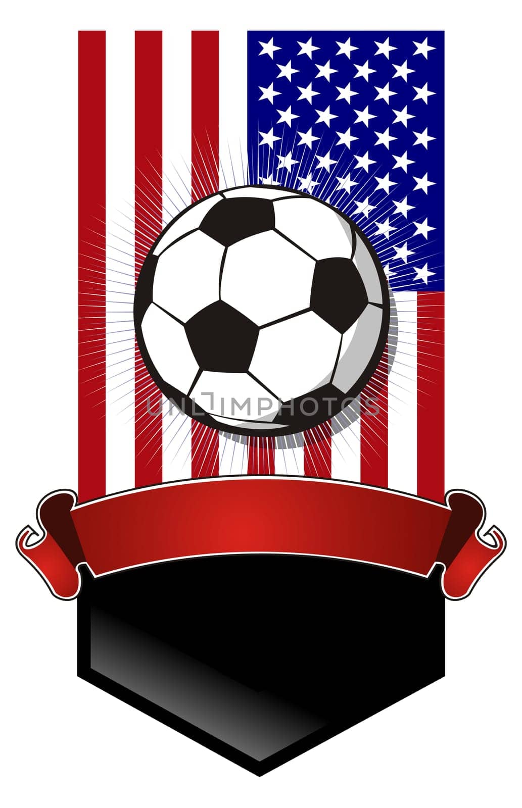 Composition with United States flag, football and one horizontal ribbon crossed on white background.