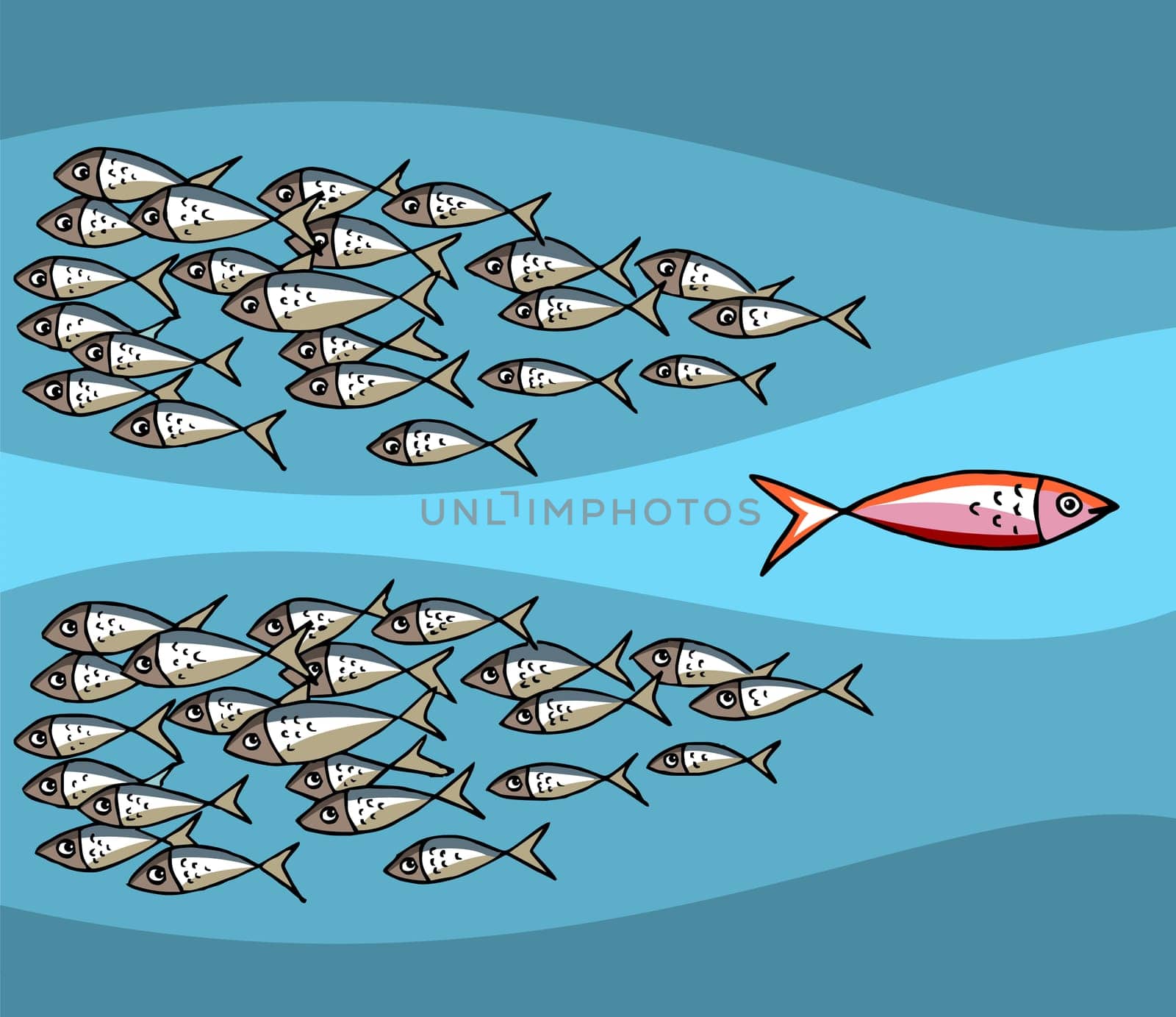 Different Fish Swimming Against The Tide. Blue background. Vector available
