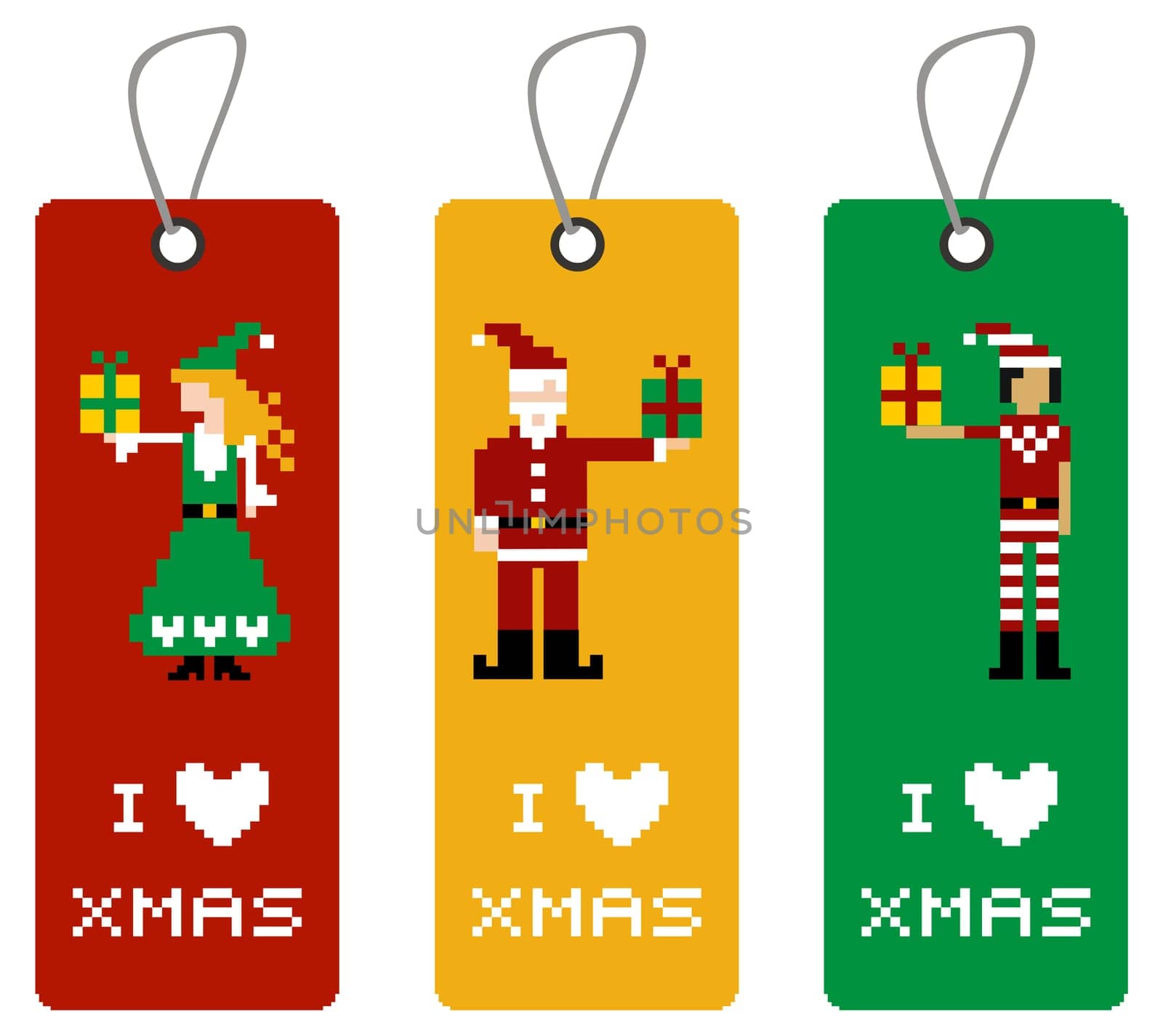 Christmas label with different funny season pixeled characters.