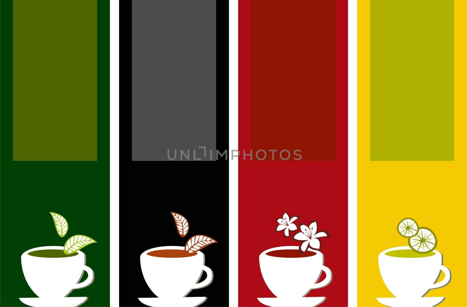 different labels for tea types on different color background