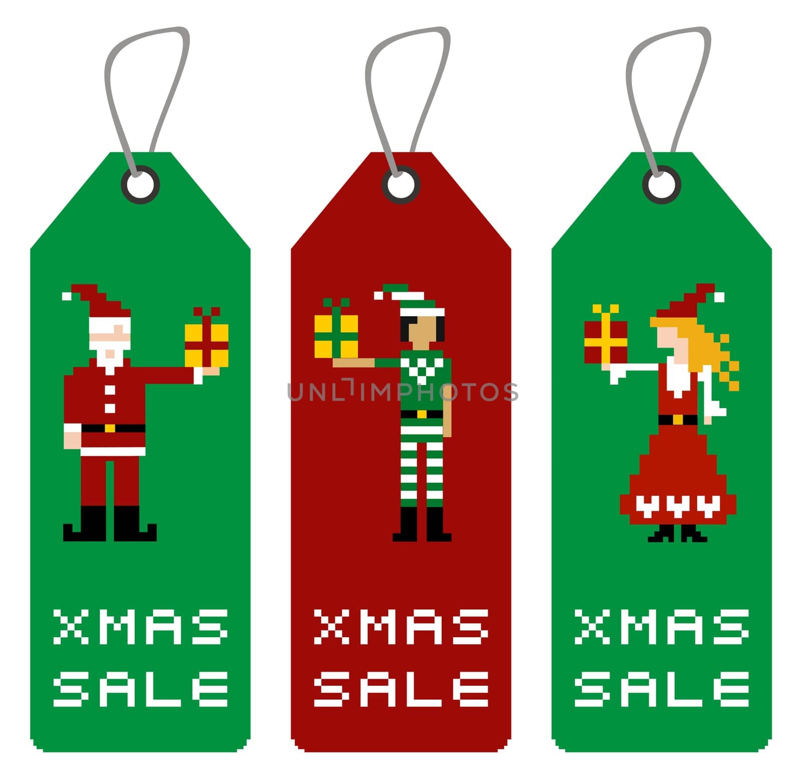 Christmas tag with different funny season pixeled characters.
