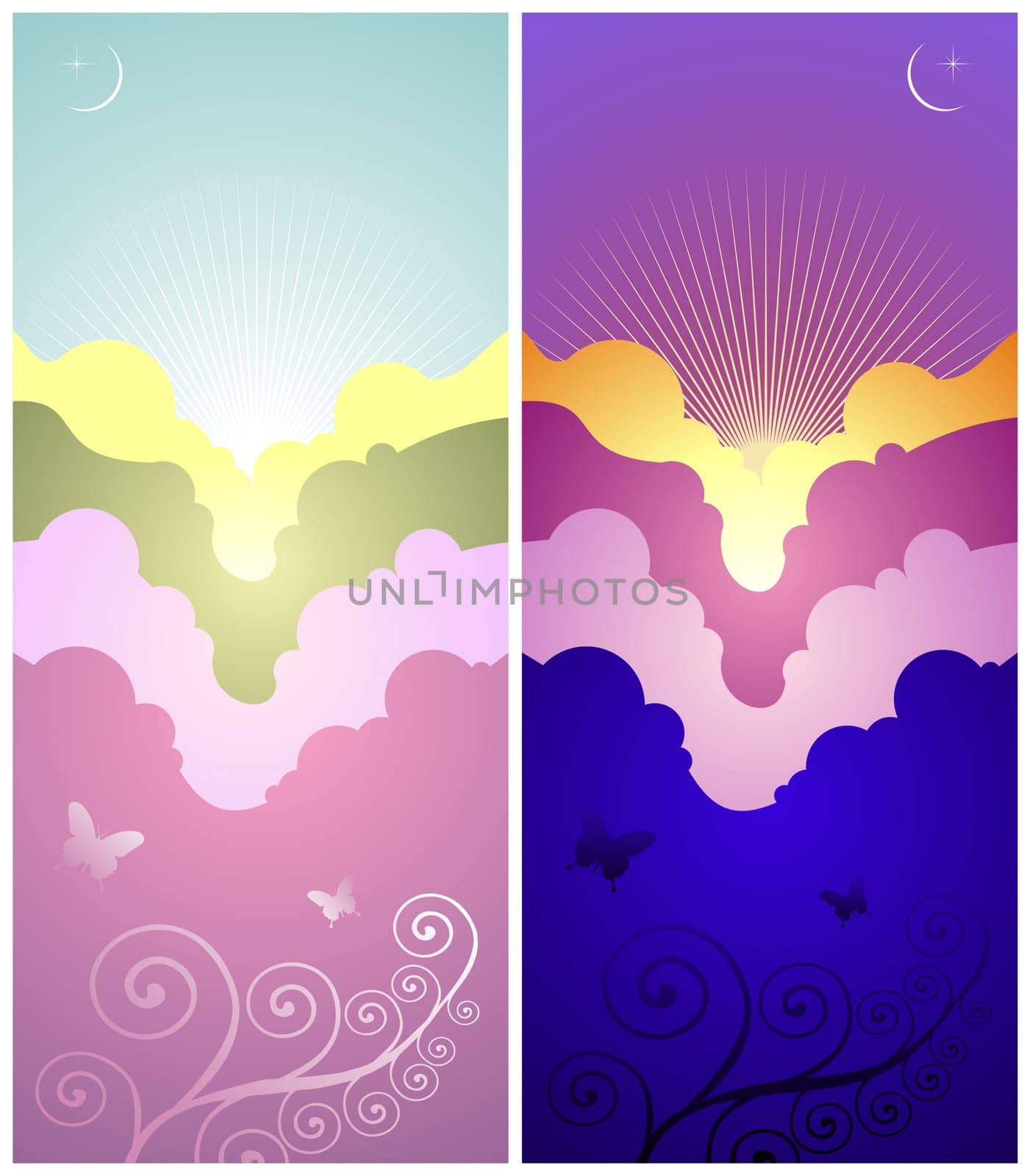 Colorful set of sunrise and sunset vertical banners with natural elements