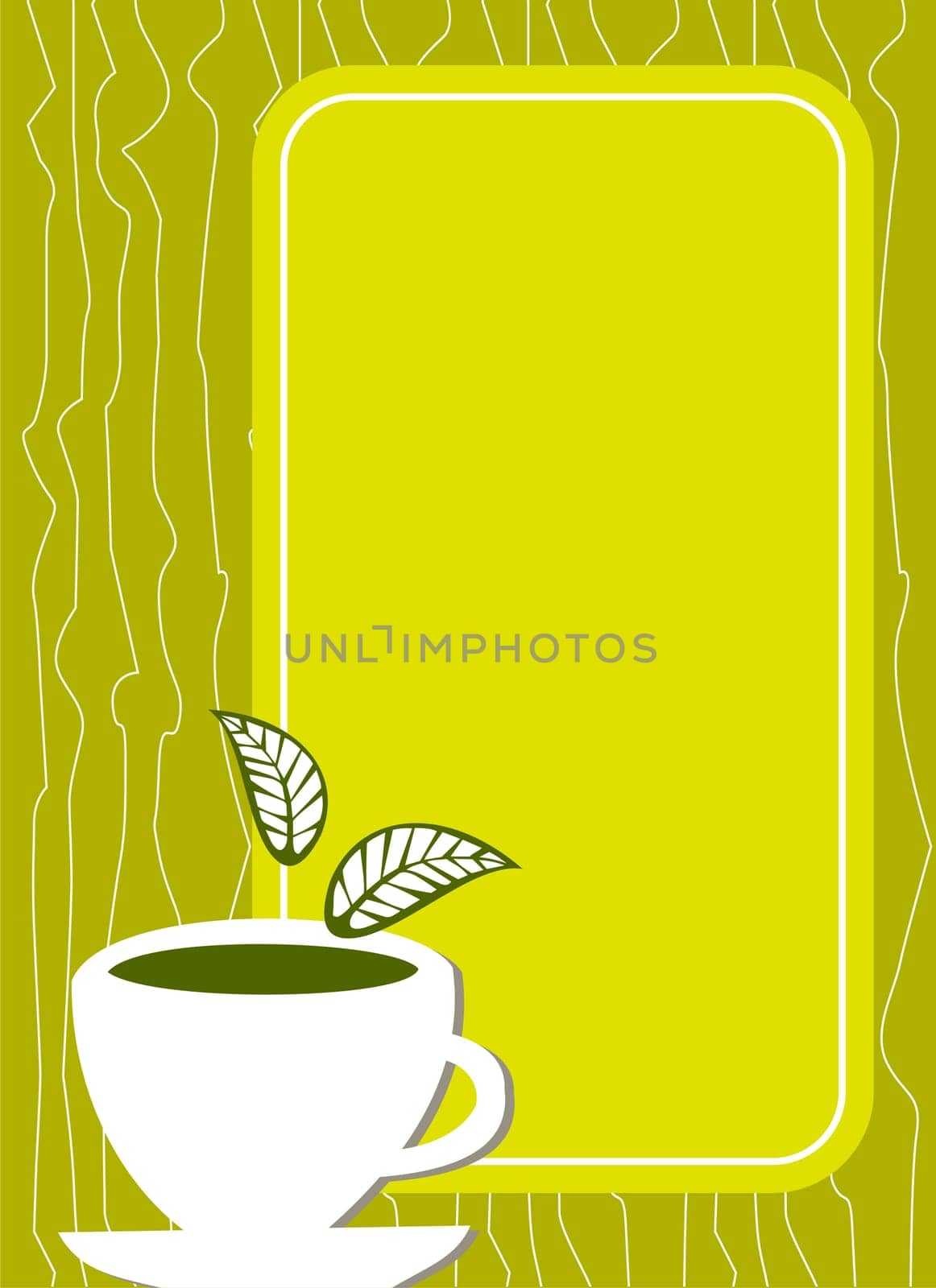 Lemon yellow menu cover with a white cup of tea with leaves on it and empty text area.