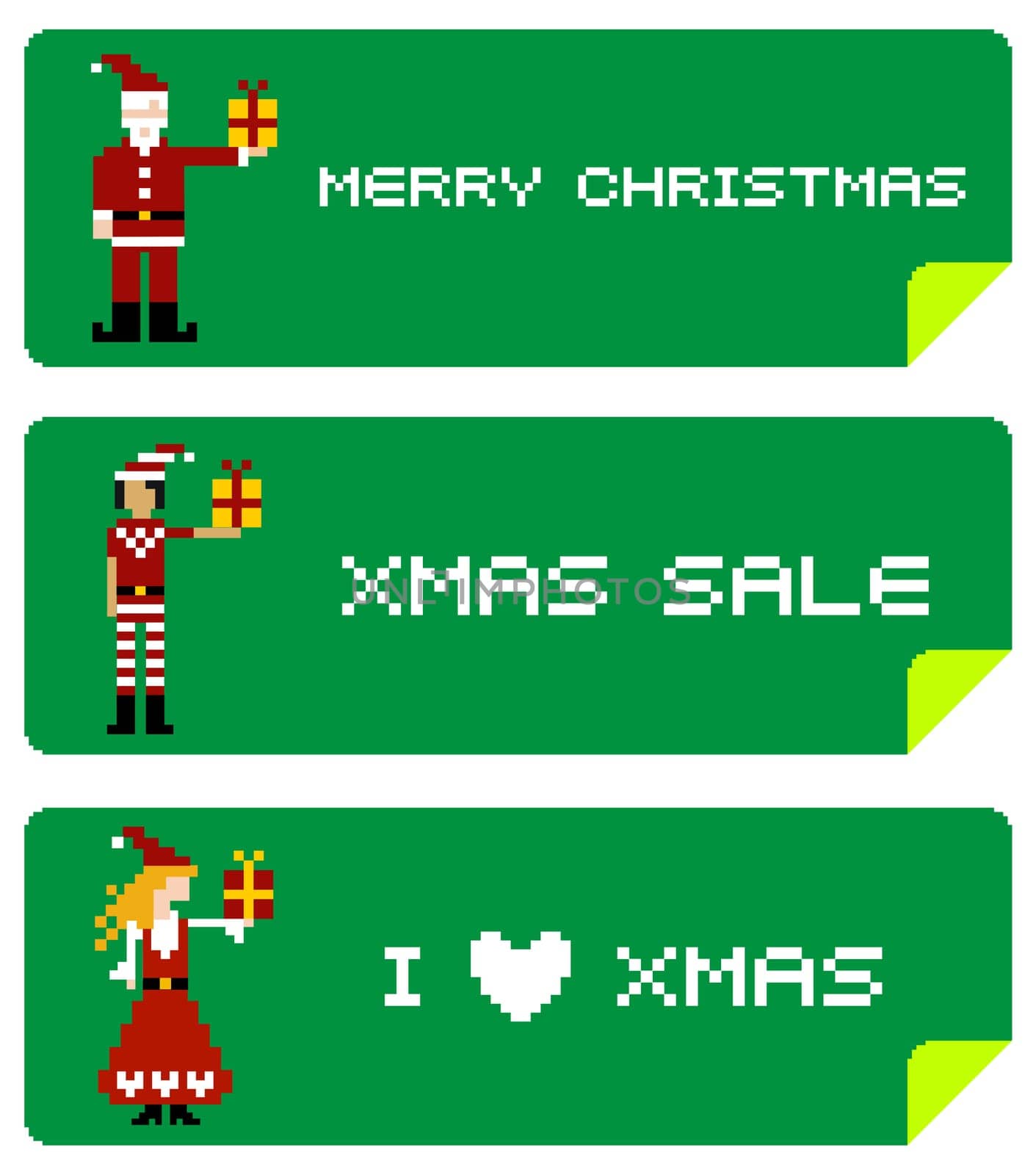 Christmas labels with different funny season pixeled characters.