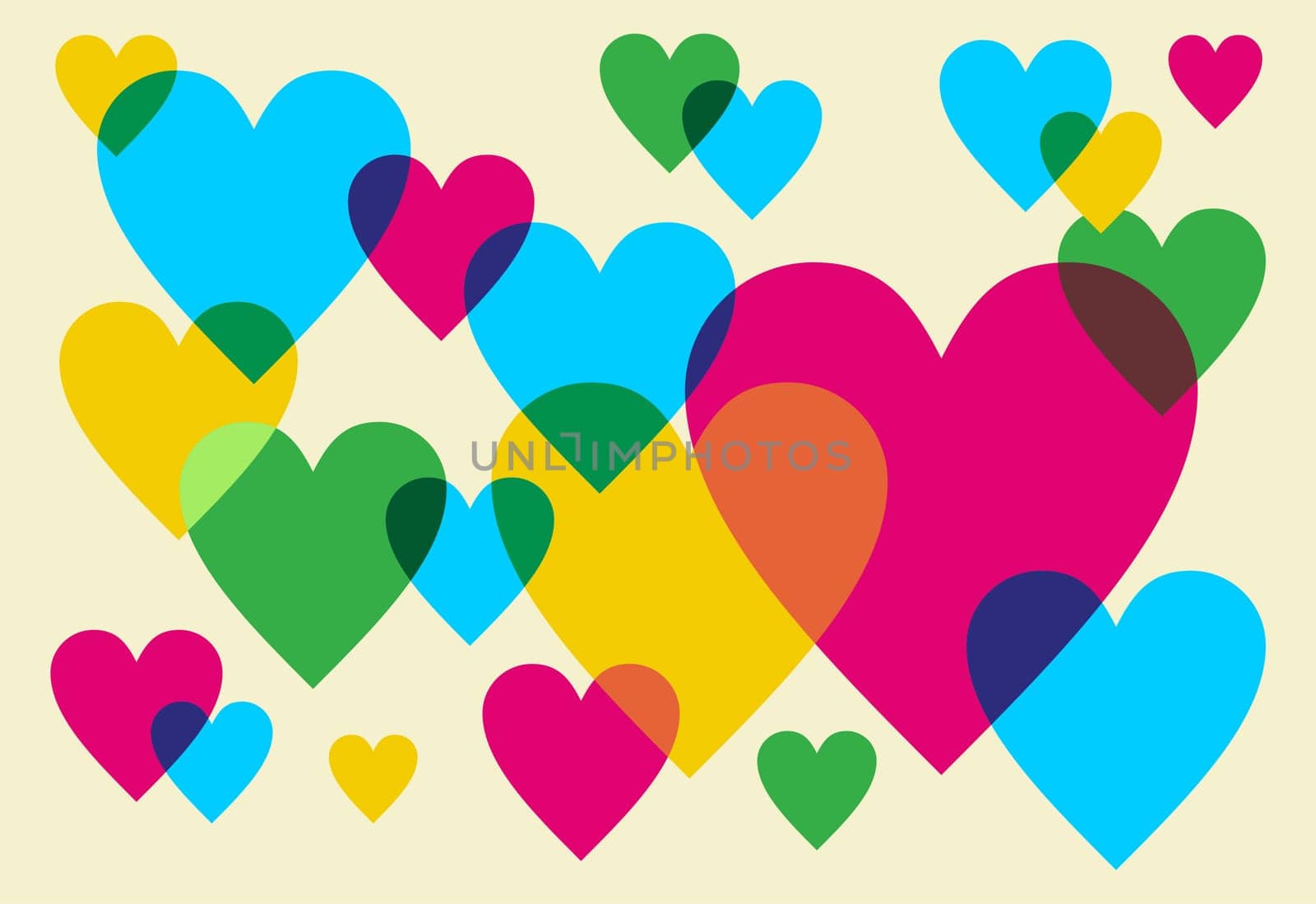 Various multicolored hearts. Magenta, Cyan, yellow and green transparency elements.