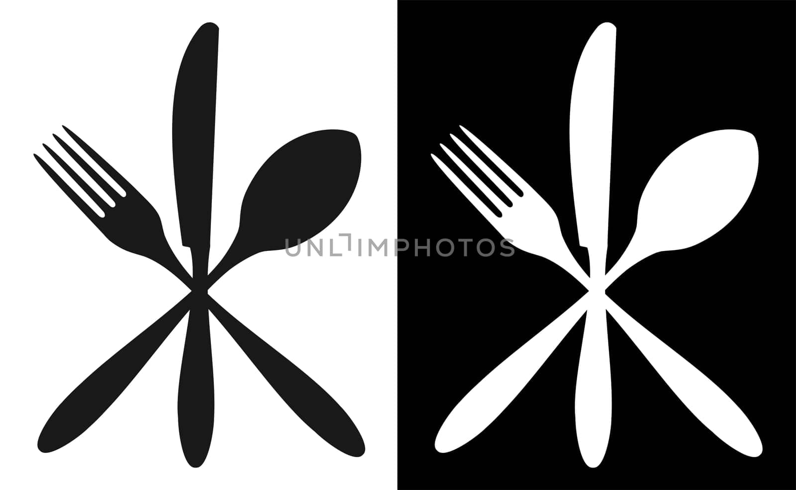 Cutlery icons. Fork, knife and spoon silhouettes on black and white backgrounds. Vector available.