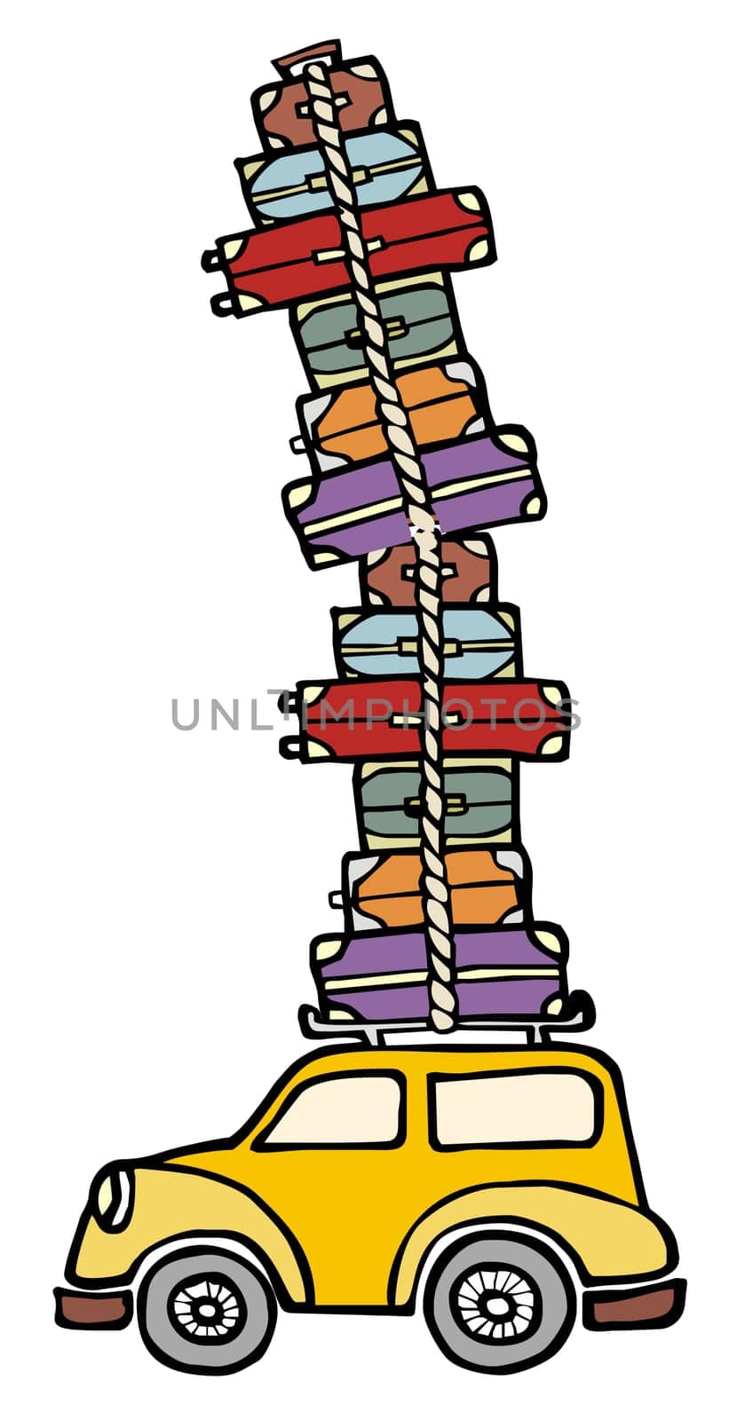 Illustration of a funny car with a lot of luggage on the roof. Vector file available.