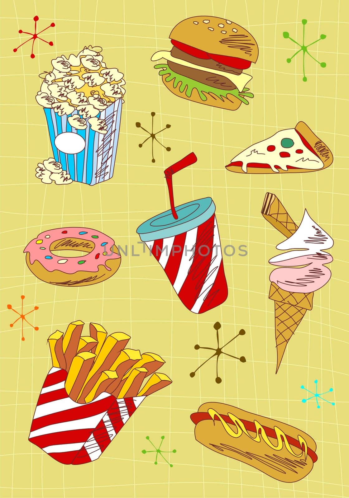 Cartoon style fast food icons set illustration. Vector avaliable.