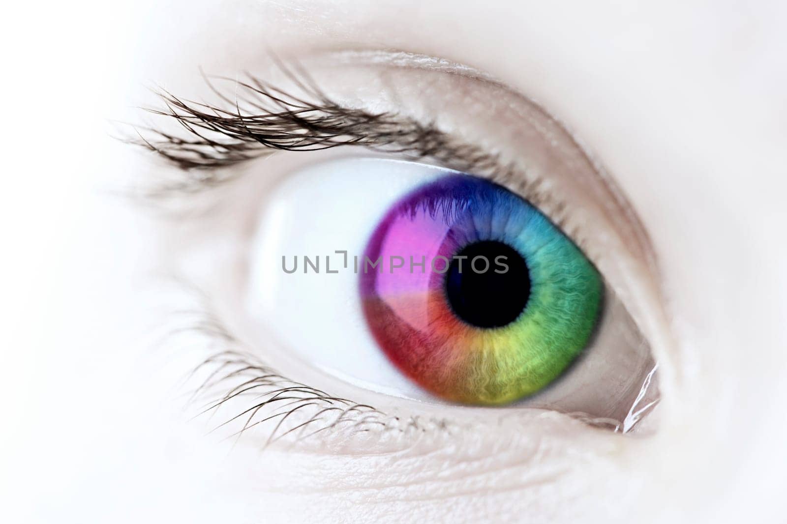 Female eye with rainbow multicolored iris close up
