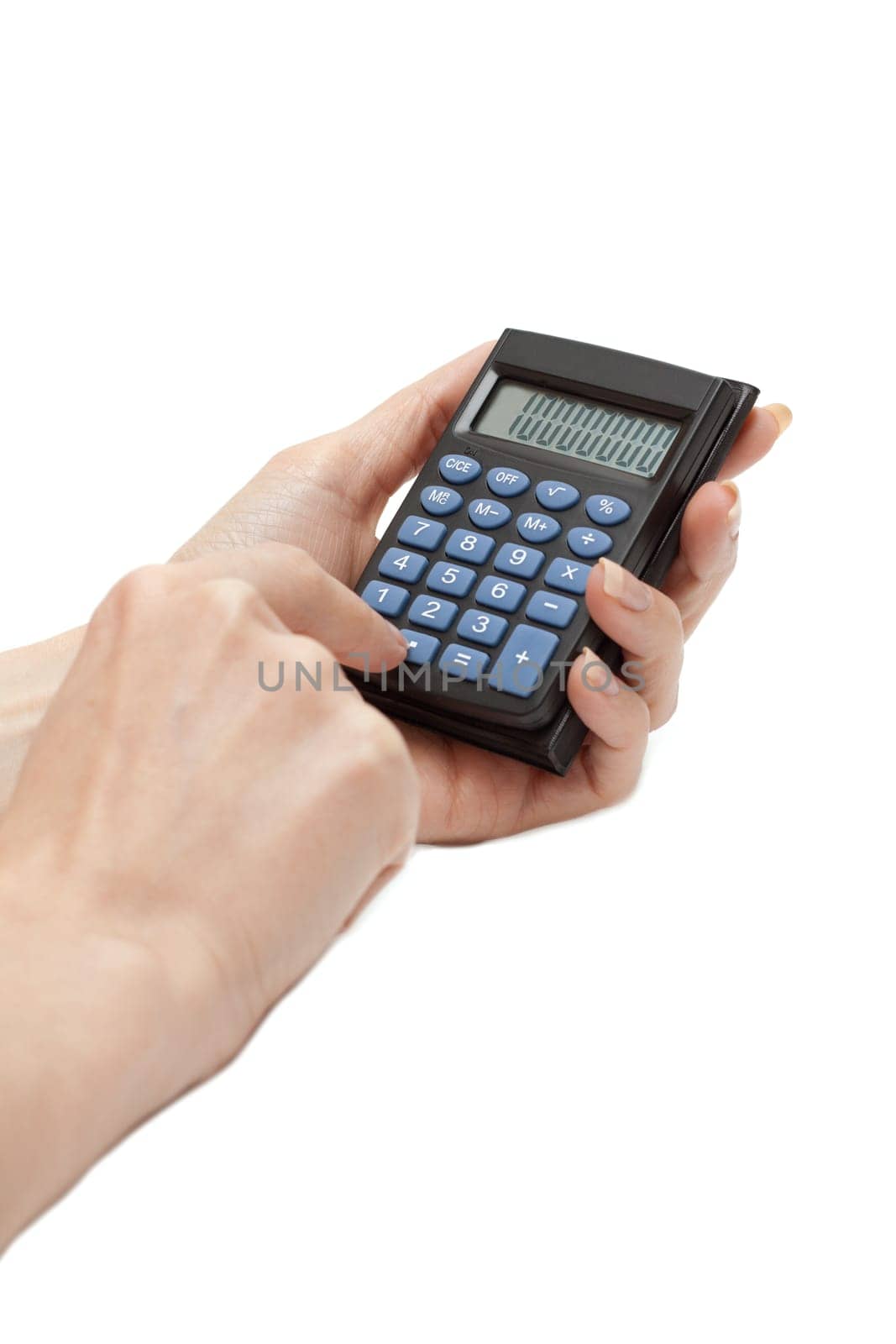 Calculator in feminine hand insulated on white background