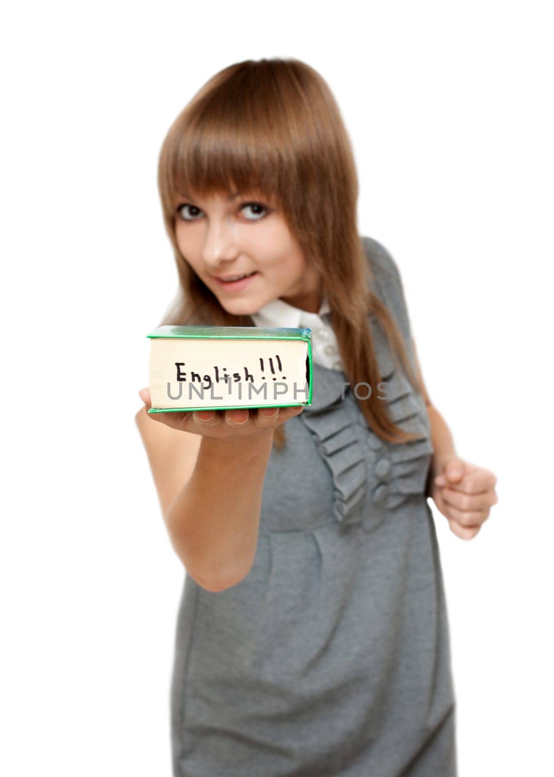 Young girl with dictionary english on white background