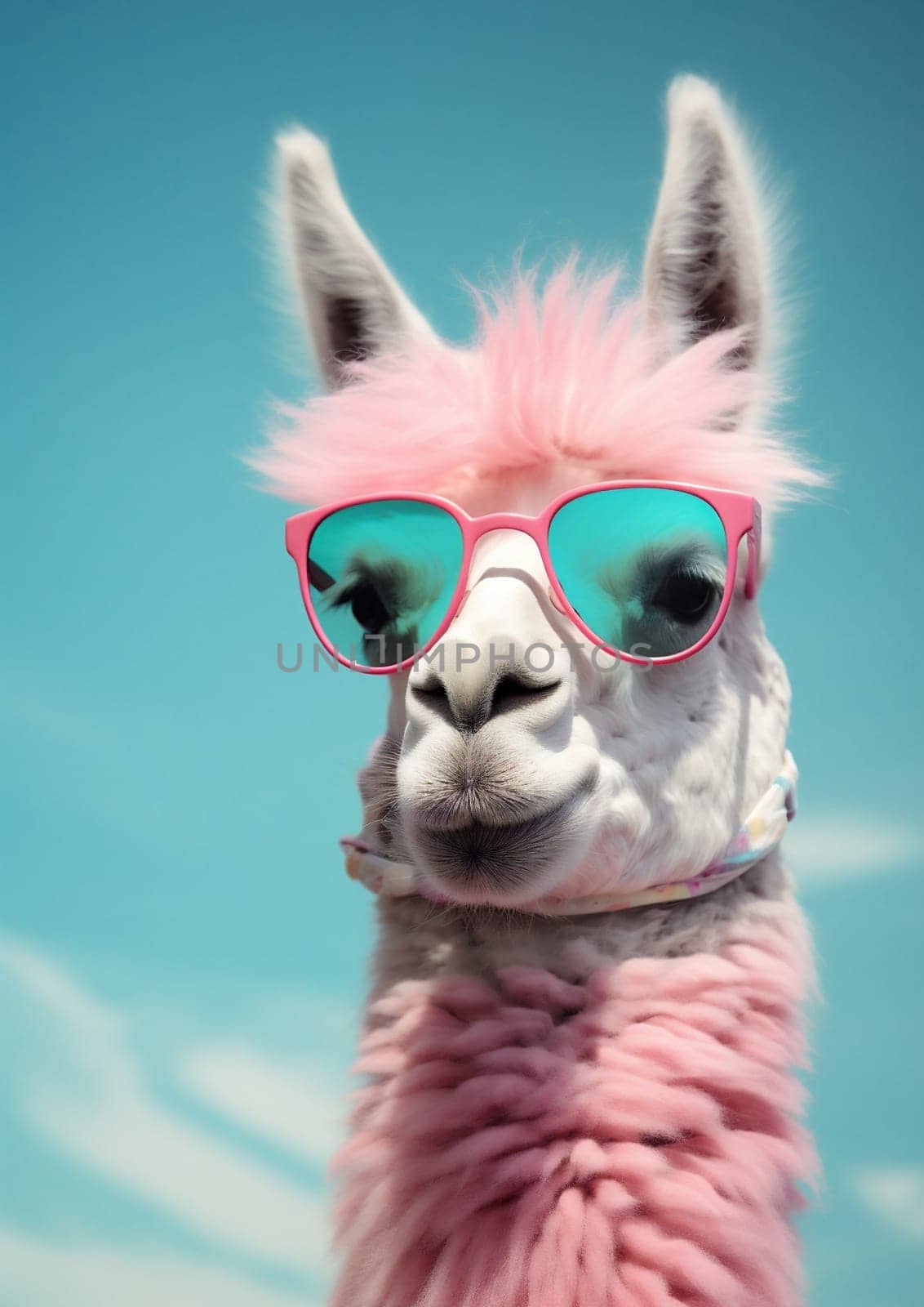 Cute stylish alpaca portrait of llama wearing glasses on blue background wearing glasses and scarf, fashion