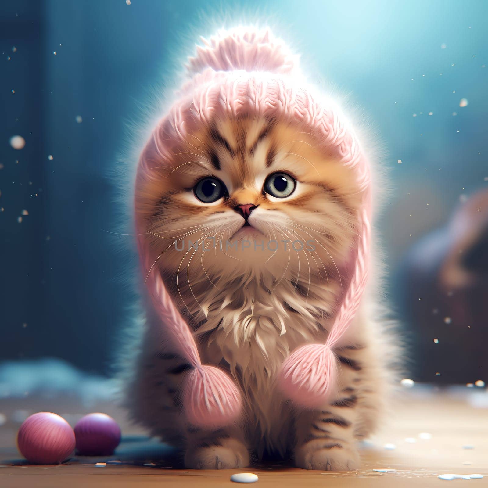 Adorable kitten in a knitted hat and scarf. Cute cat in a Christmas composition with bokeh effect.  by AndreyKENO