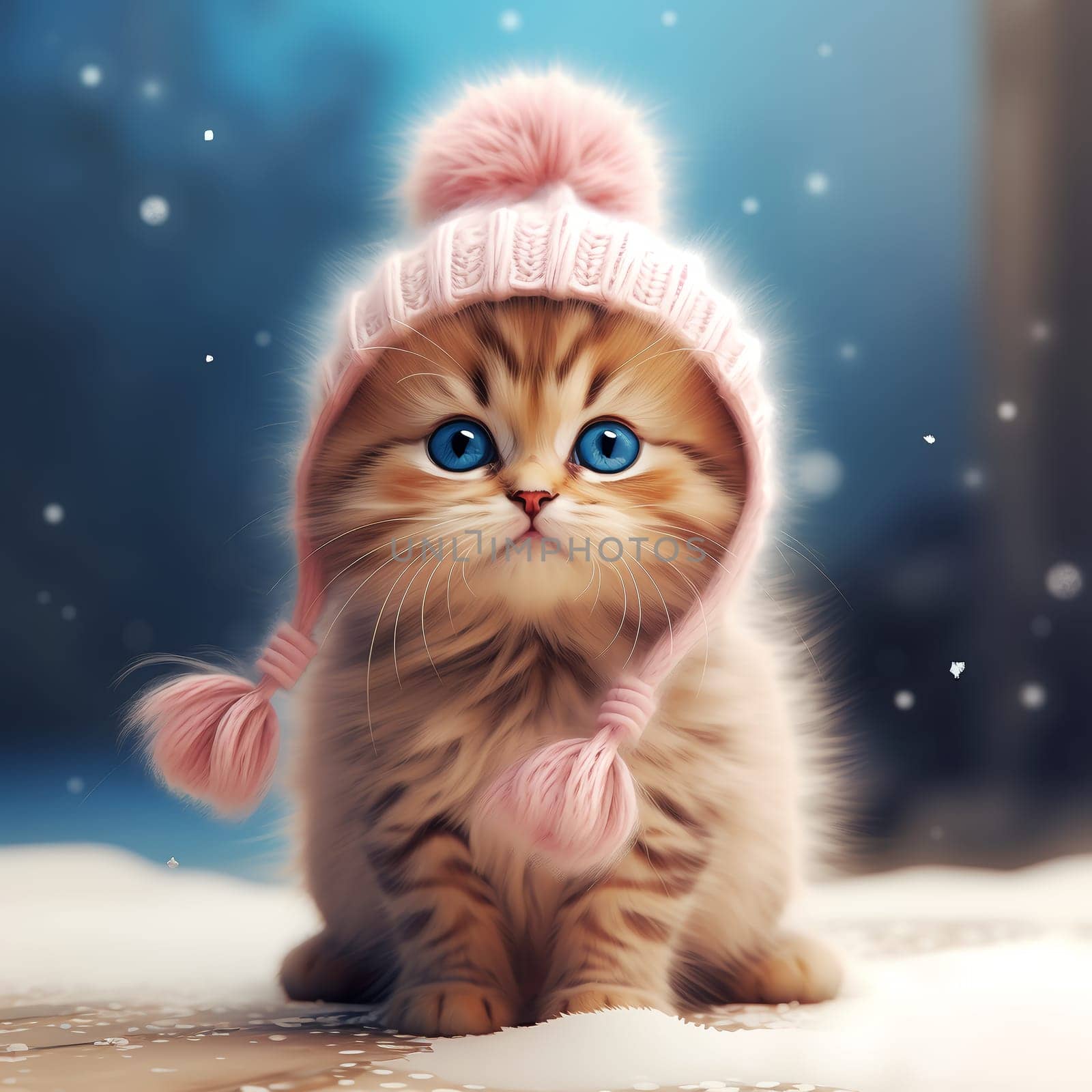 Adorable kitten in a knitted hat and scarf. Cute cat in a Christmas composition with bokeh effect.  by AndreyKENO