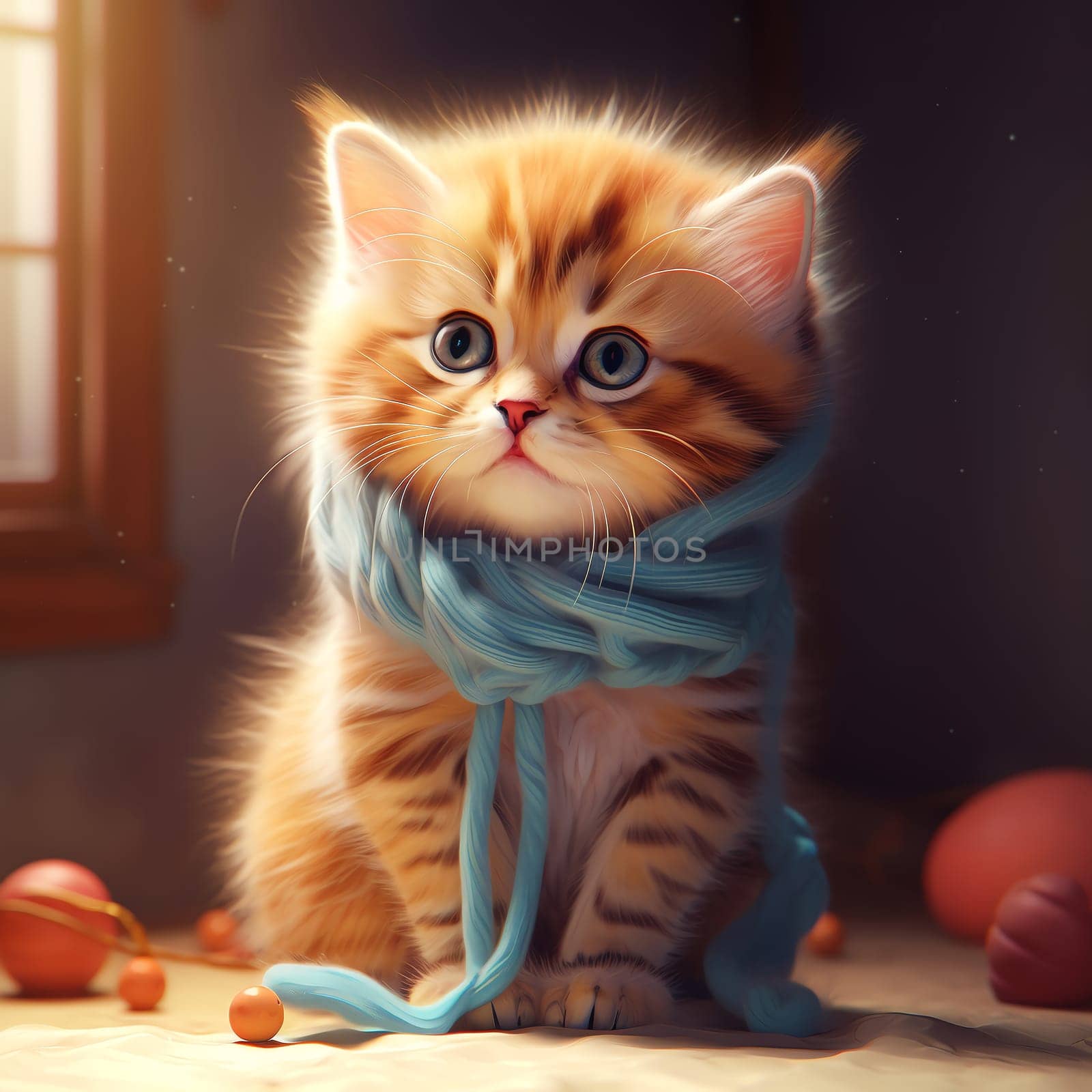 Adorable kitten in a knitted hat and scarf. Cute cat in a Christmas composition with bokeh effect.  by AndreyKENO