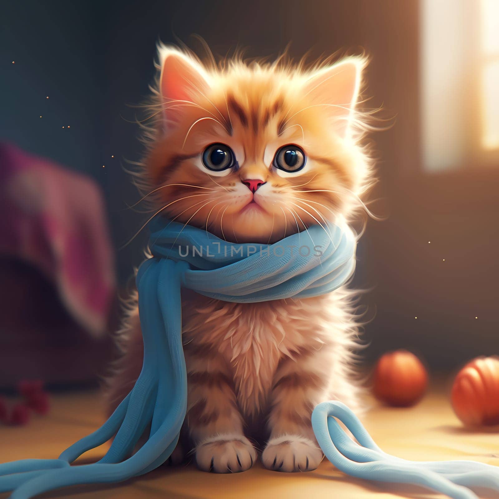 Adorable kitten in a knitted hat and scarf. Cute cat in a Christmas composition with bokeh effect. AI Generated.