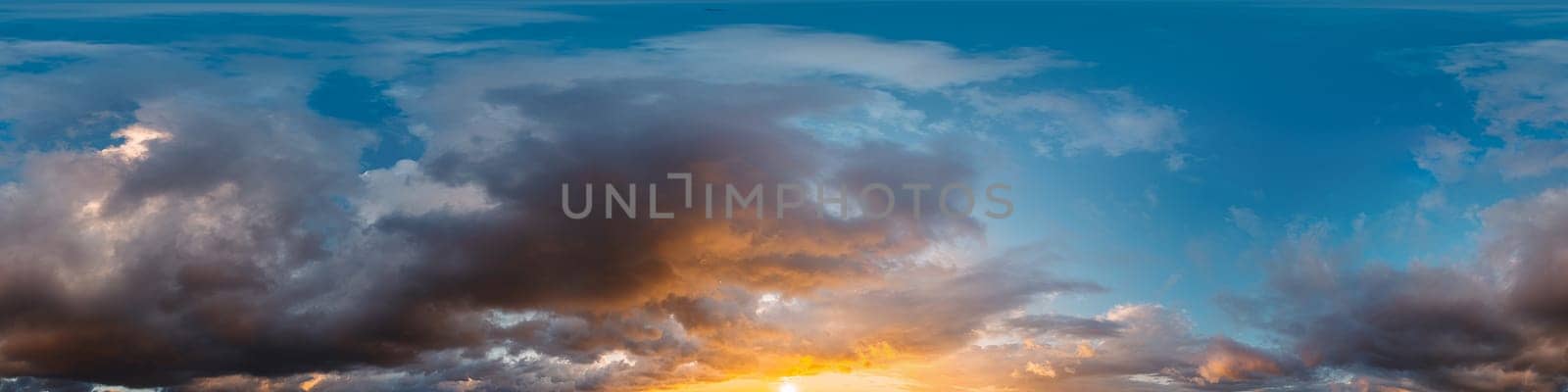 Sunset sky panorama with bright glowing pink Cumulus clouds. HDR 360 seamless spherical panorama. Full zenith or sky dome for 3D visualization, sky replacement for aerial drone panoramas. by Matiunina