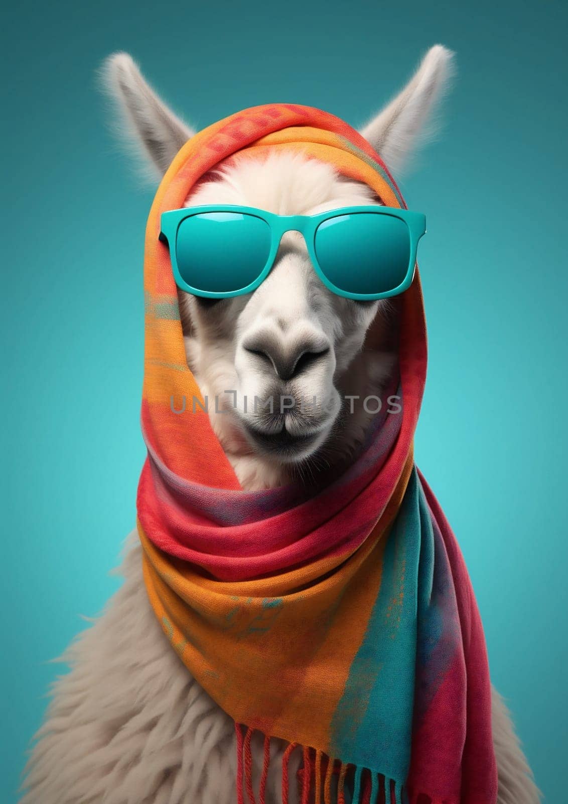 Cute stylish alpaca portrait of llama wearing glasses on blue background wearing glasses and scarf, fashion by Vichizh