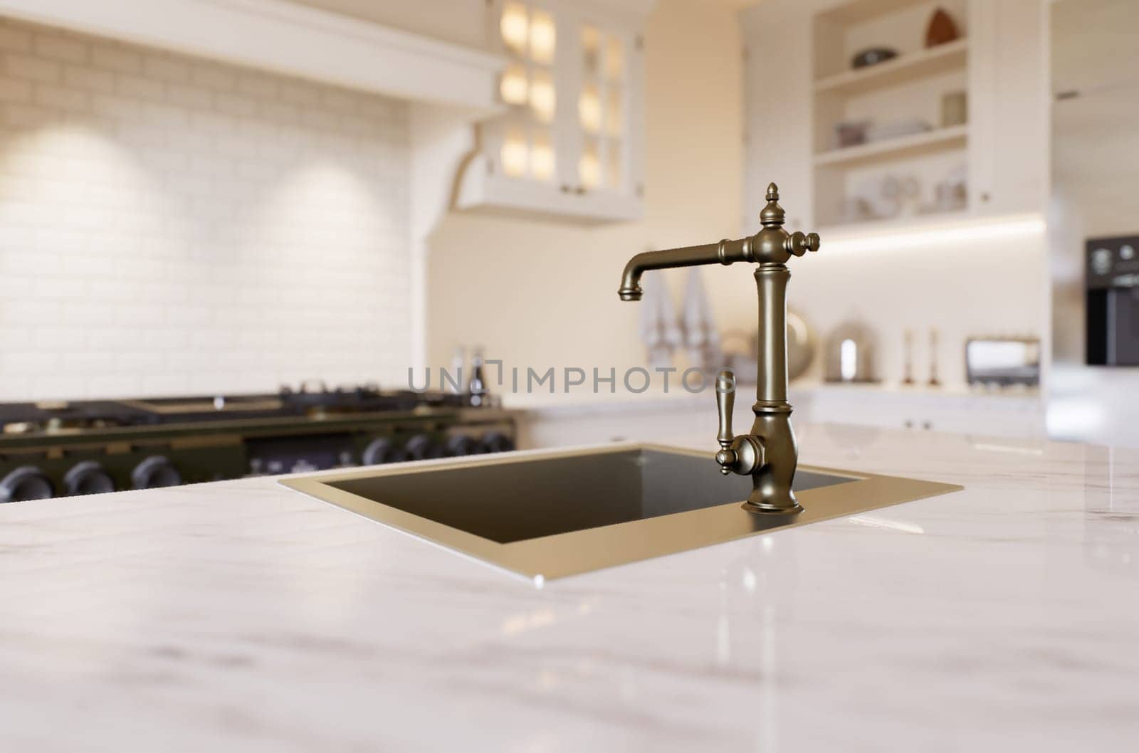 Kitchen with marble countertops and blurred kitchen background to display products on the surface. Kitchen interior with household appliances and utensils. 3D rendering
