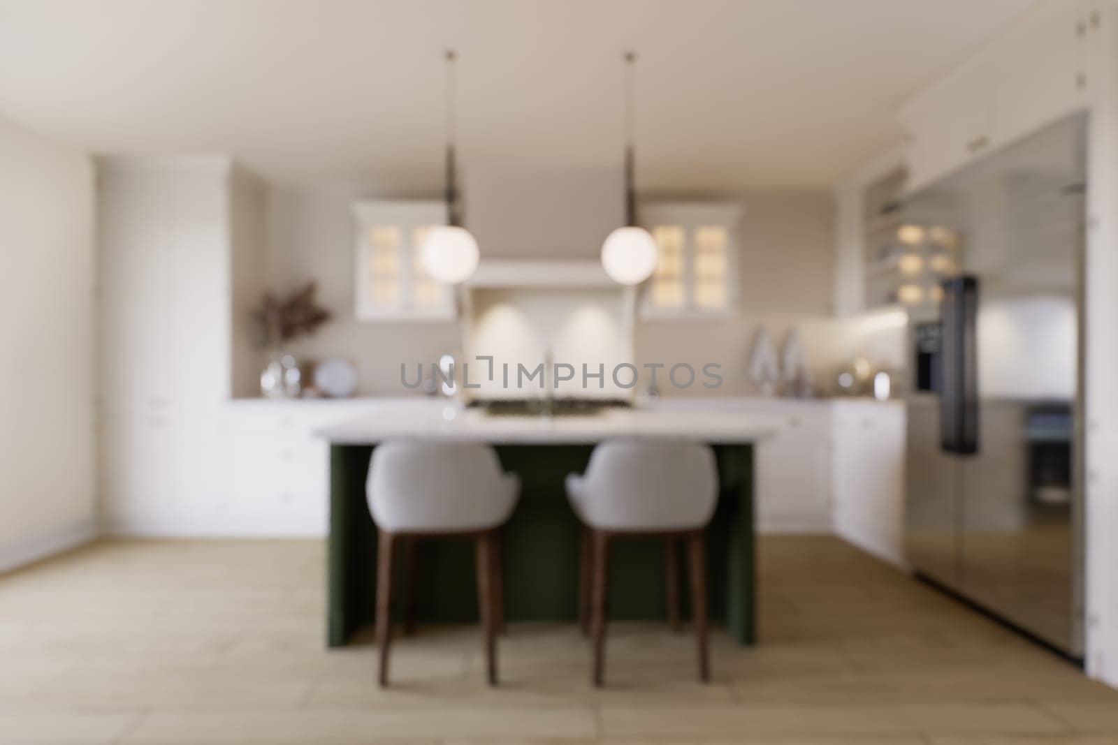 The kitchen is out of focus, with blurry bokeh. Bright kitchen in warm colors with a green island. Kitchen interior with household appliances and utensils. 3D rendering
