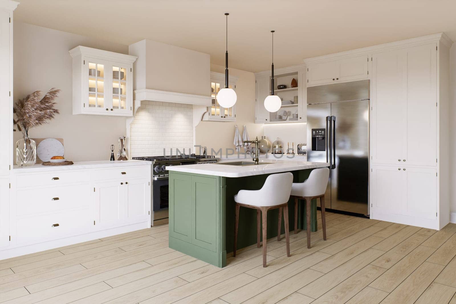 Bright kitchen in warm colors with a green island. by N_Design