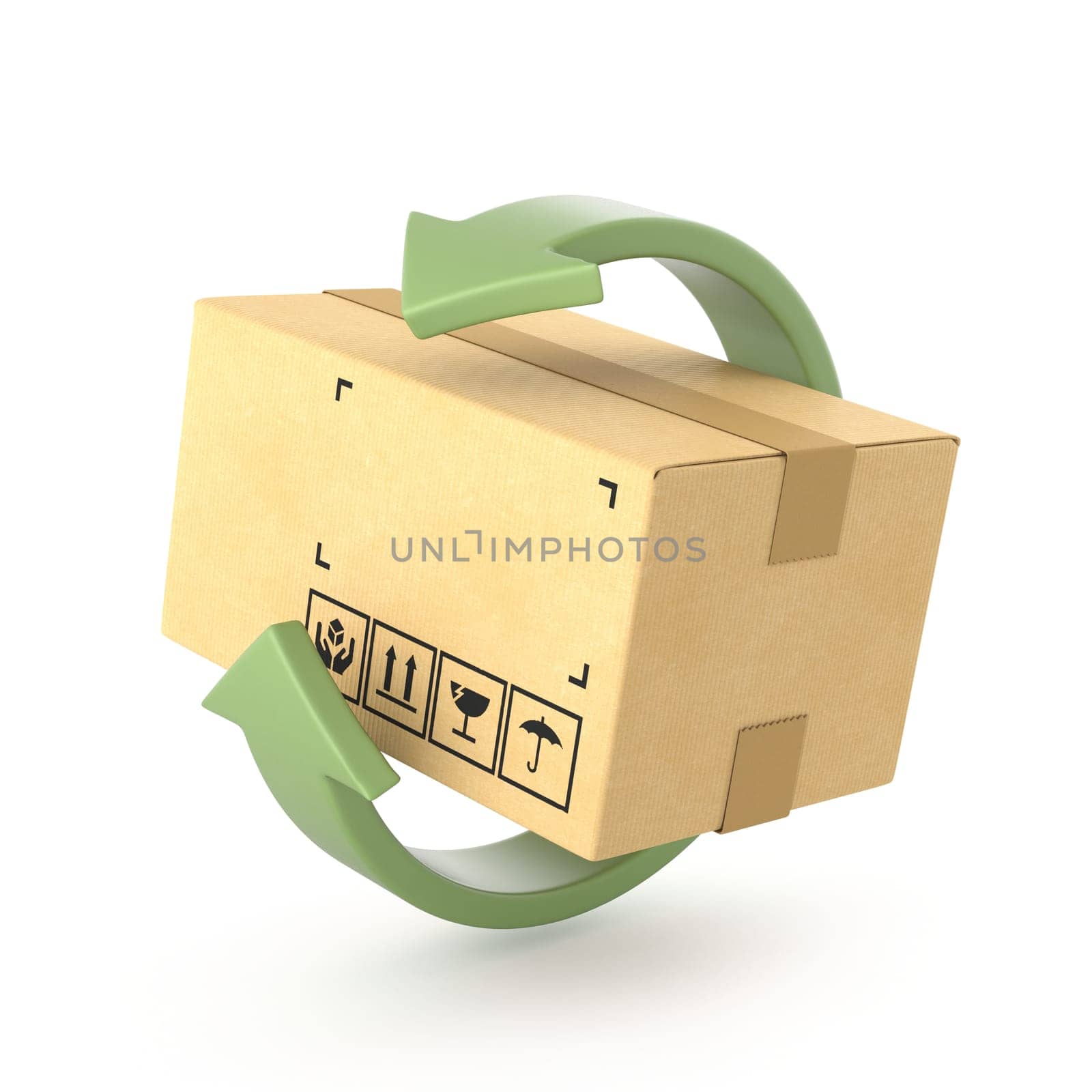 Cardboard box with green arrow 3D rendering illustration isolated on white background