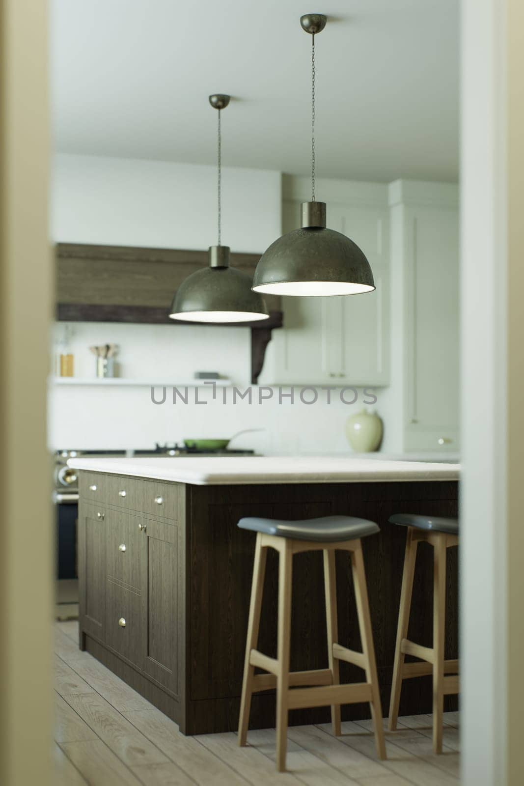 Beautiful bright kitchen in a new luxury home in a traditional style. Features a wood island, wood countertops, cabinets and wood flooring. 3d rendering