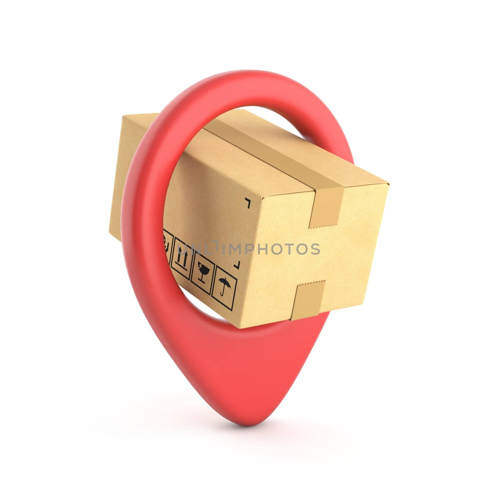 Cardboard box inside red map pointer 3D rendering illustration isolated on white background