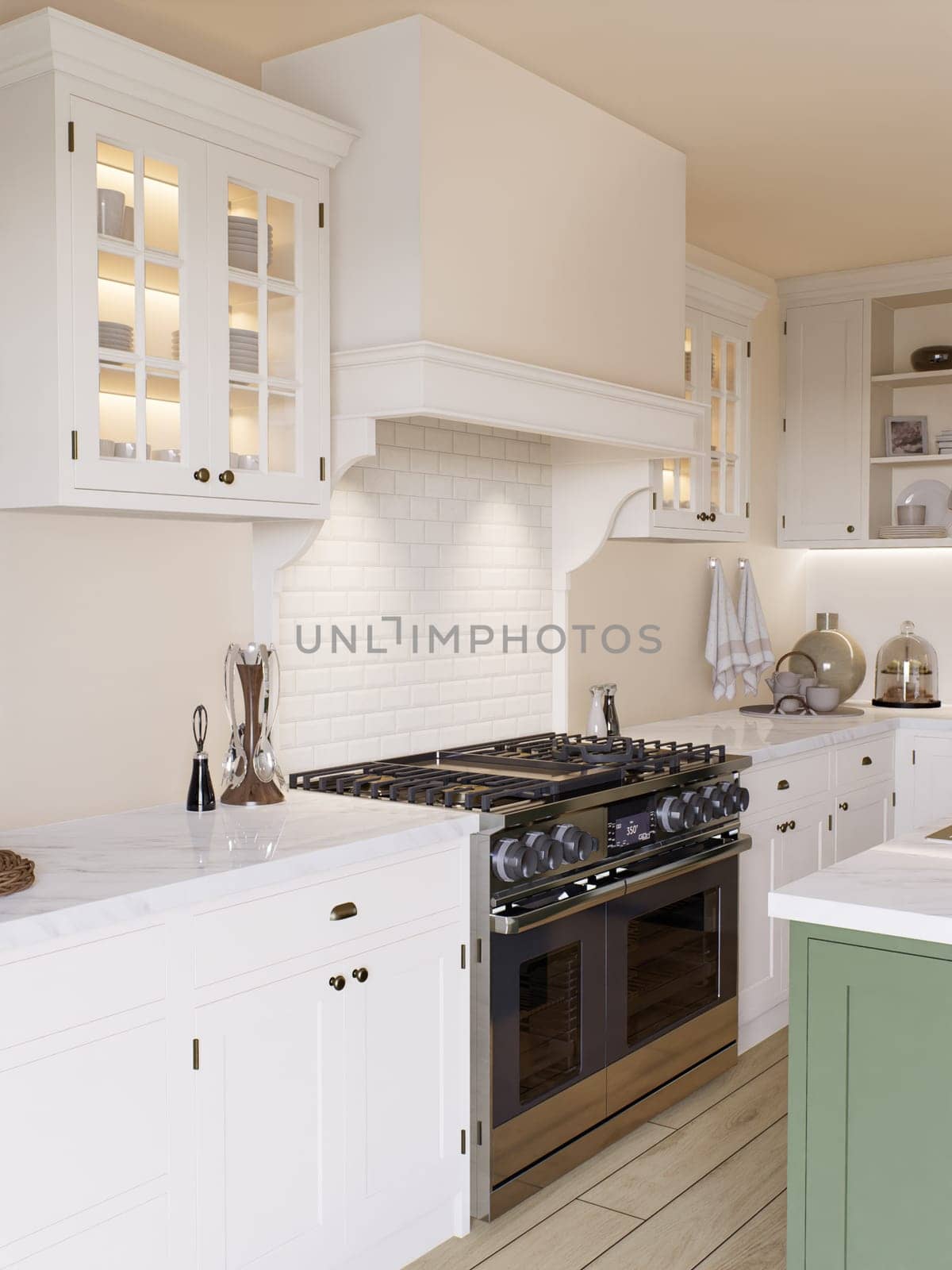 Kitchen interior with an emphasis on the oven and stove with hood. Kitchen interior with household appliances and utensils. 3D rendering