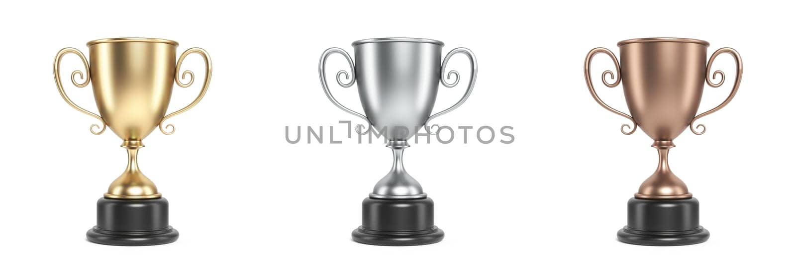 Golden, silver and bronze trophy 3D rendering illustration isolated on white background