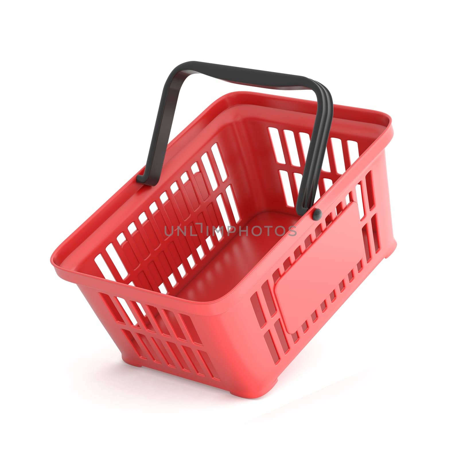 Red plastic shopping basket angled 3D rendering illustration isolated on white background