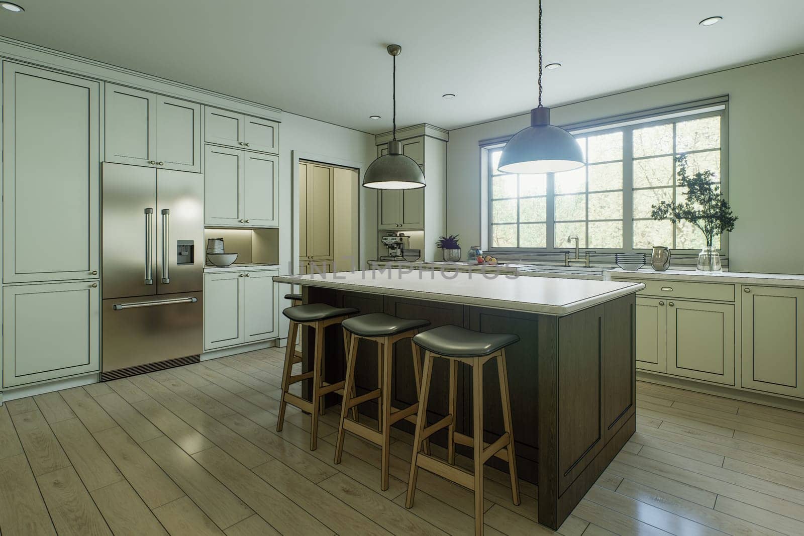 Sketch of a kitchen with black stripes overlaid on the image. Kitchen in hand-drawn style. 3d rendering