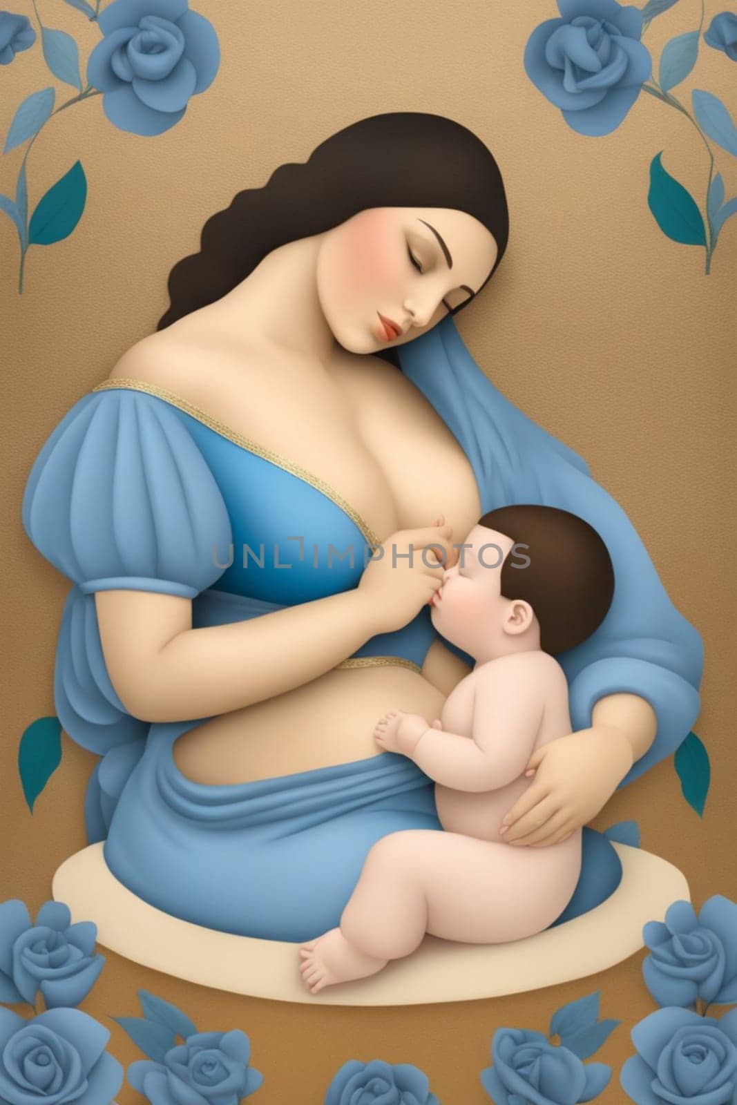 fashion portrait of modern empowered woman mother and baby illustration , blue, copper and pastel by verbano