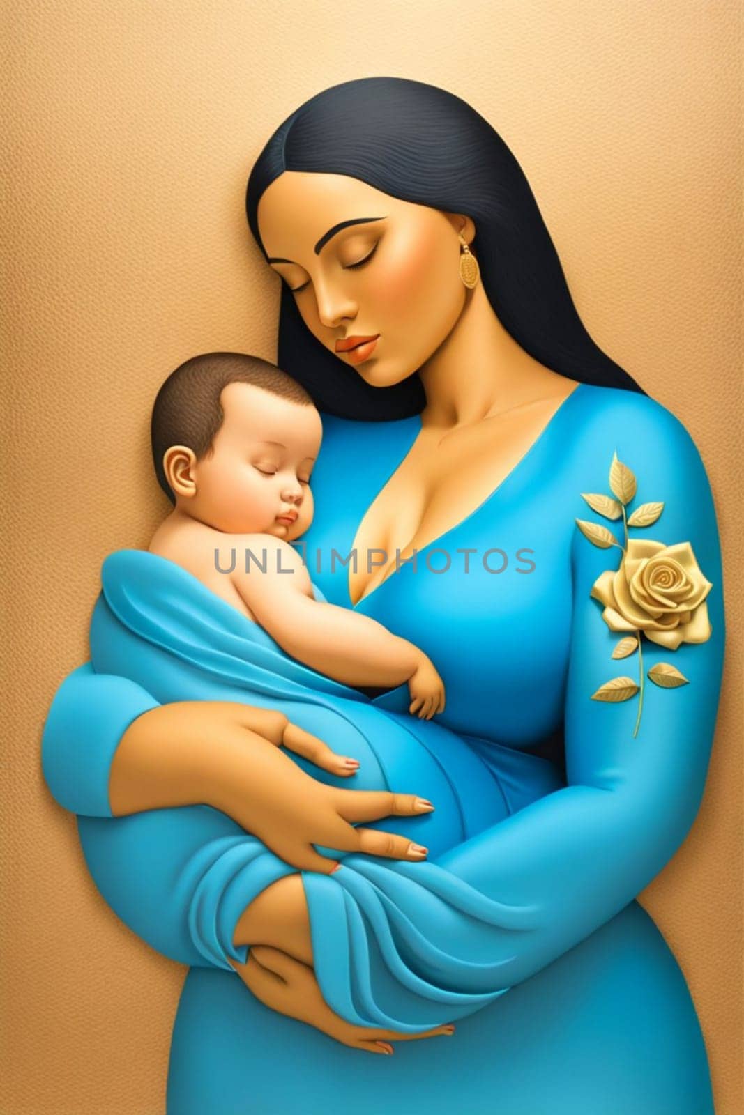 fashion portrait of modern empowered woman mother and baby illustration , blue, copper and pastel by verbano