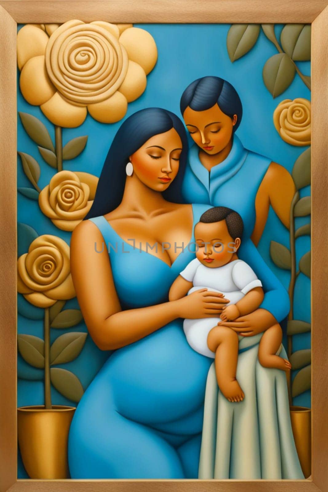 fashion portrait of modern empowered woman mother and baby illustration , blue, copper and pastel by verbano