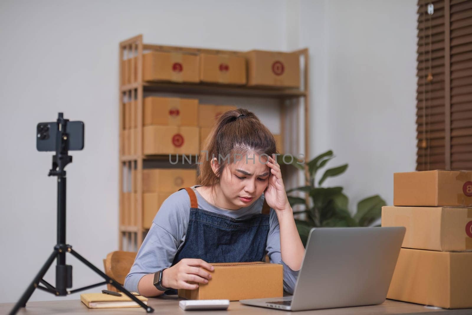 Stress serious asian woman doing clothing business selling online. she using laptop computer. online sell marketing delivery, SME ecommerce concept.