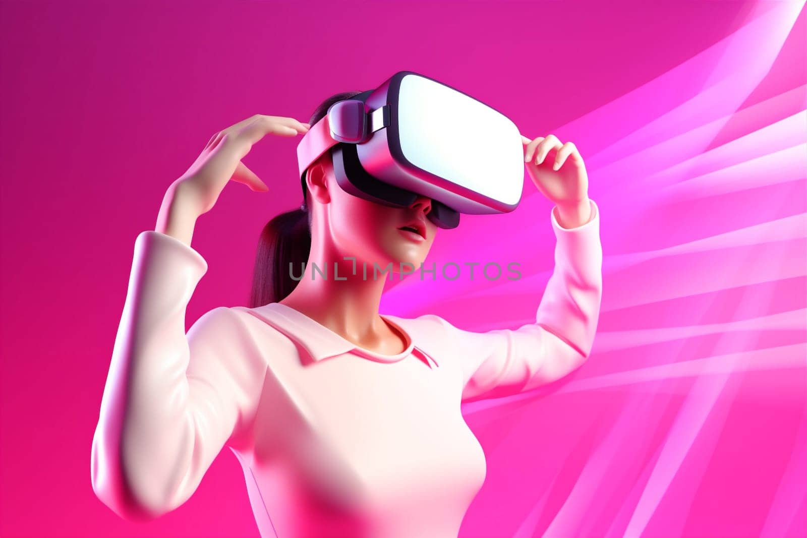 woman lifestyle vr innovation connect blue glasses reality science cyberspace neon digital black game entertainment concept sport technology character three-dimensional virtual. Generative AI.
