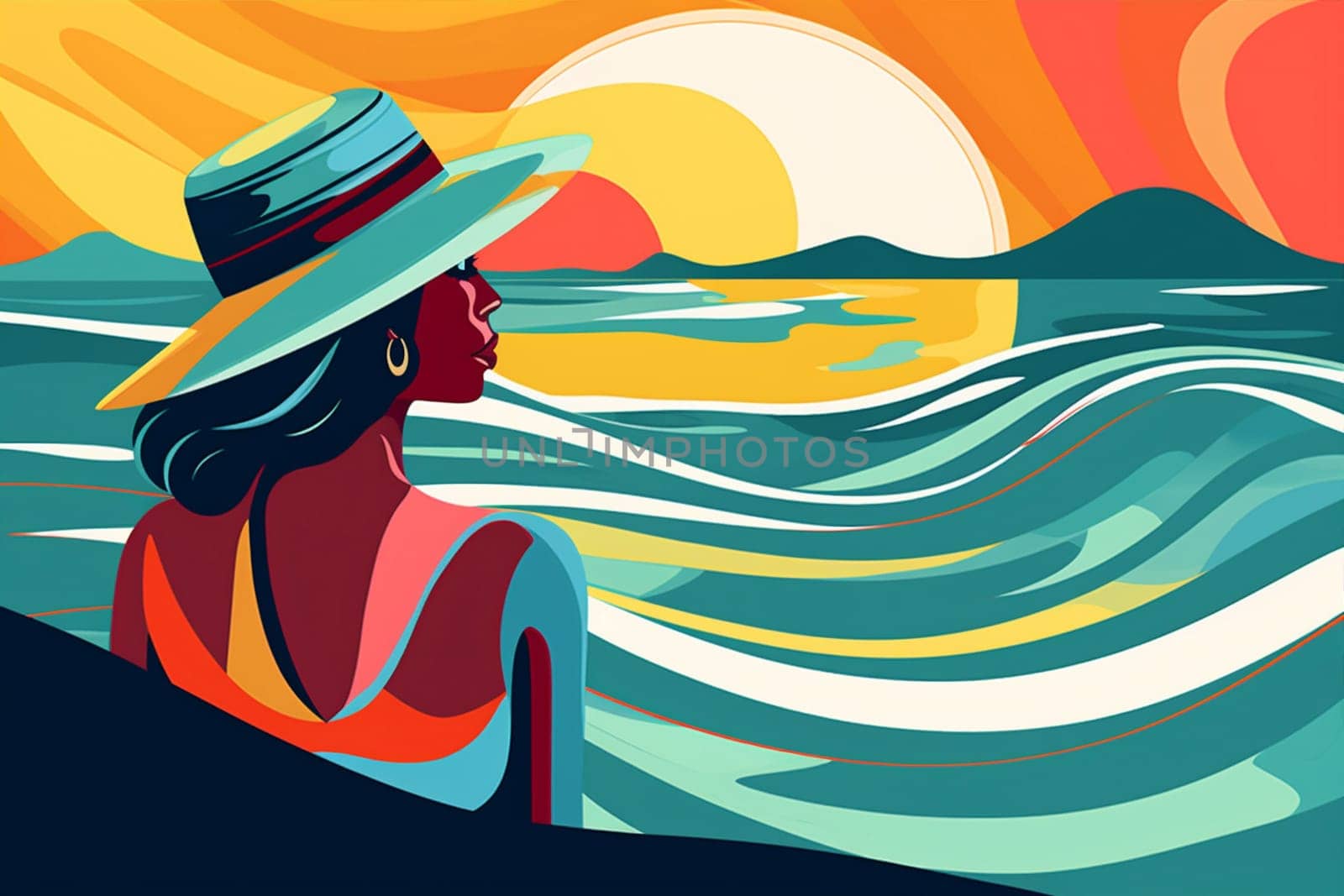 beige woman young concept vacation hat black summer tanned beach tropical. Generative AI. by Vichizh