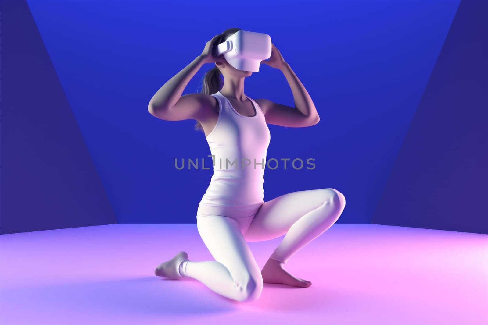 reality woman reality freedom digital vr technology virtual game character headset sport render neon glasses virtual black futuristic innovation creative 3d colorful metaverse. Generative AI.