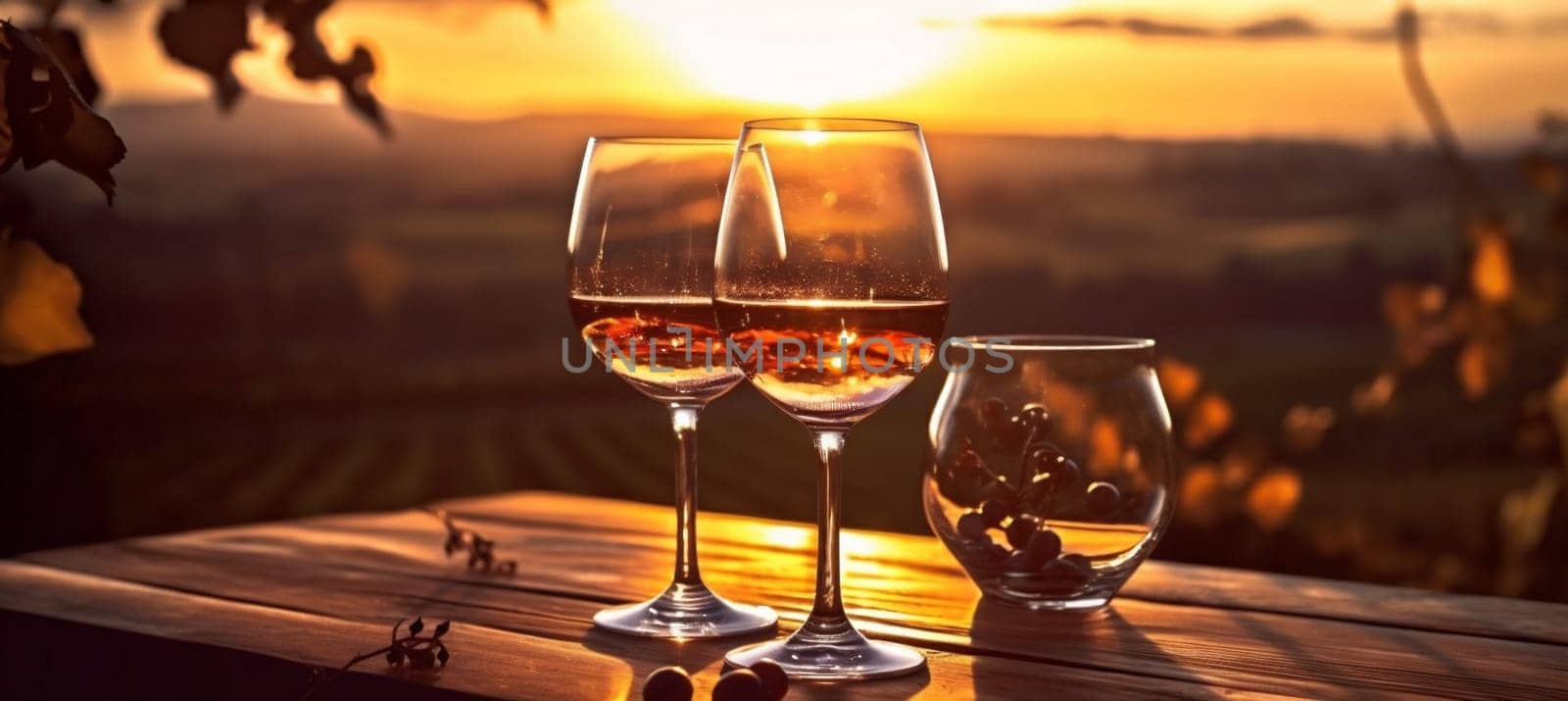 alcohol vintage celebration wooden background wineglass white outside winery barrel grapevine wine romance grape beverage red glass sunset drink bottle. Generative AI.