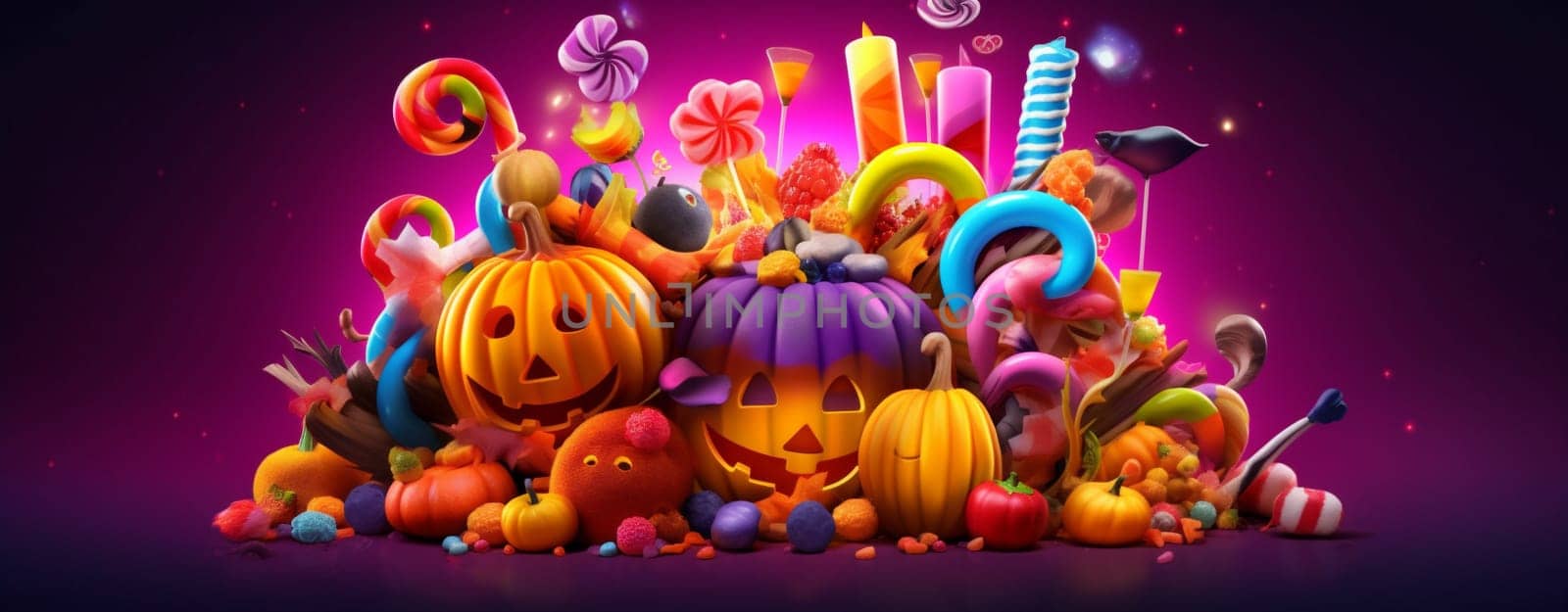 purple holiday celebration spider halloween party sweet pumpkin orange candy. Generative AI. by Vichizh