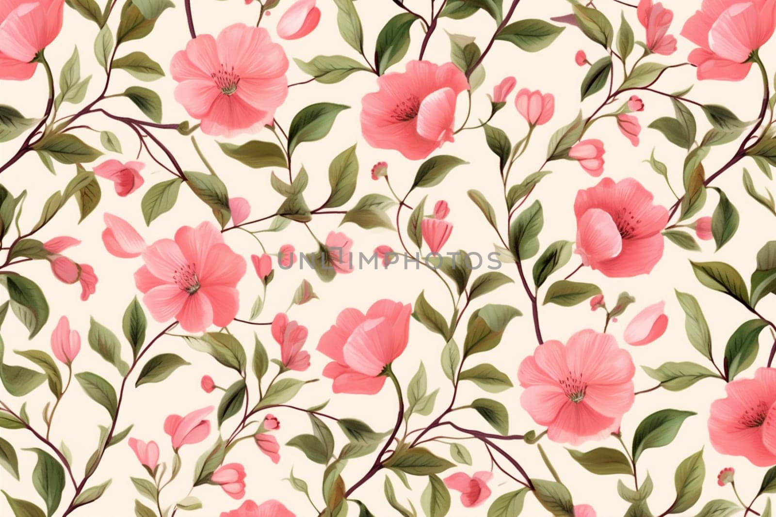 textile spring wallpaper fabric flower pattern summer leaf drawing art. Generative AI. by Vichizh