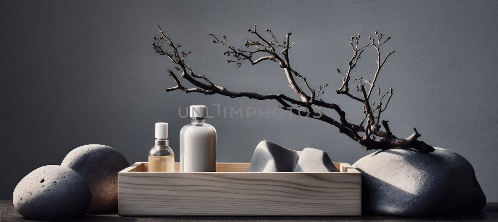 background bottle product minimalism template natural branch empty layout tree tree nature organic promotion composition beauty plant scene rock eco trendy cosmetic. Generative AI.