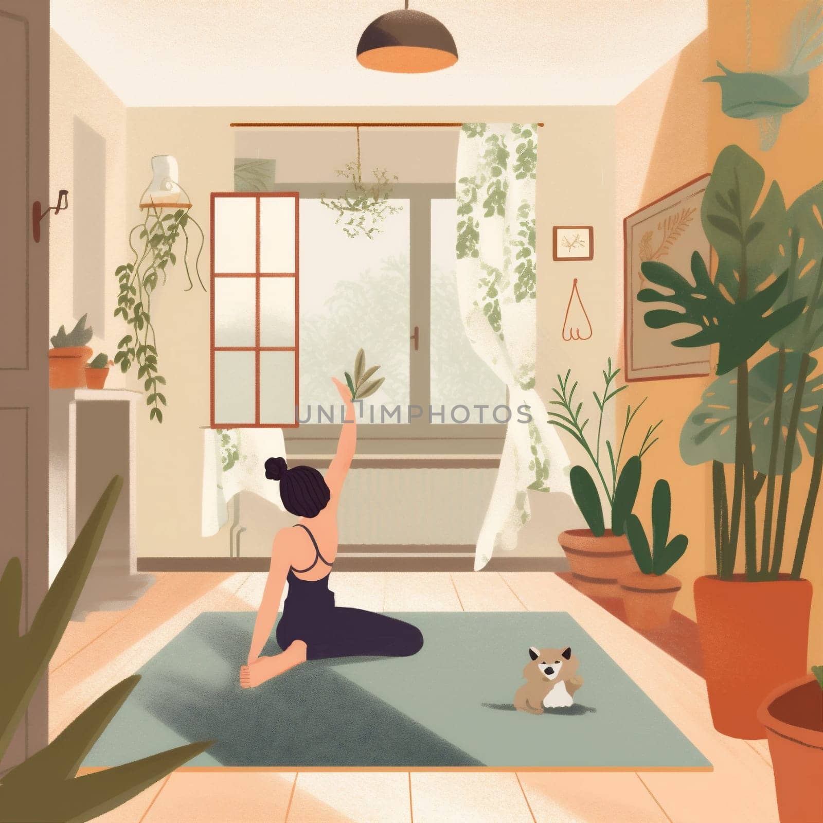 woman dog training exercise lifestyle yoga cartoon body sport home fitness. Generative AI. by Vichizh