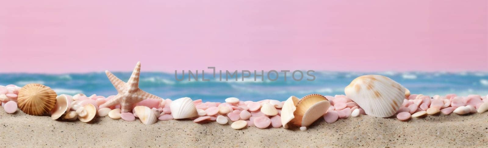 nature tropical summer banner shell sea ocean sand beach holiday. Generative AI. by Vichizh